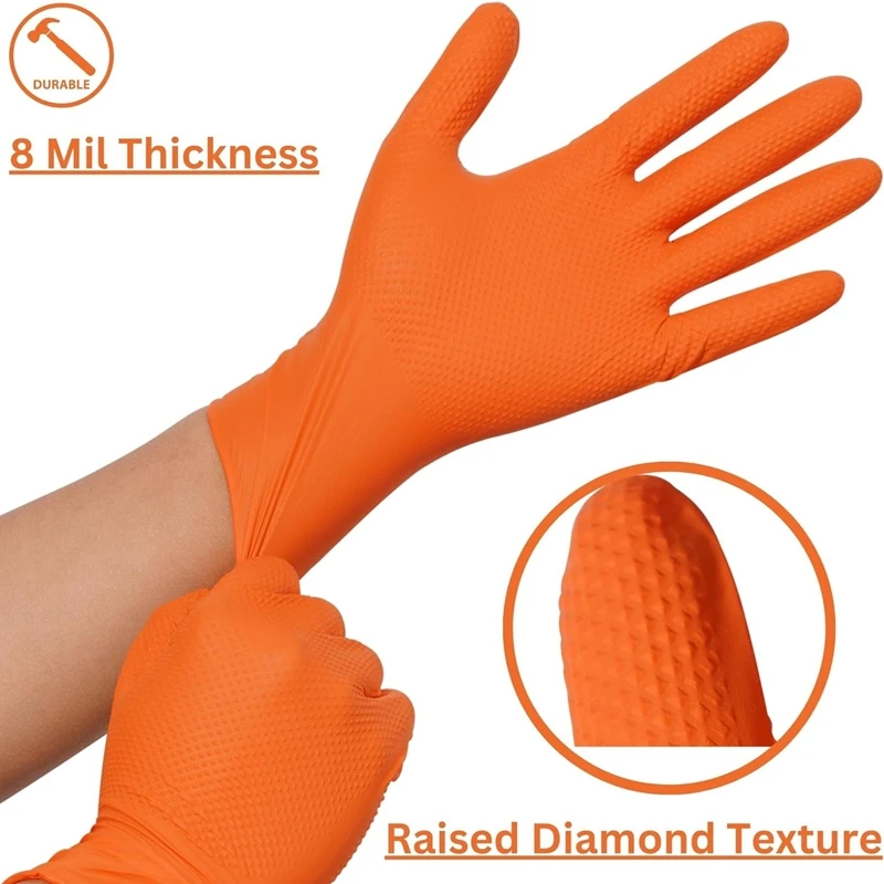 nitrile disposable gloves 8Mil Heavy Duty Orange Nitrile Gloves Disposable Gloves Thick Raised Diamond Texture Tear-Resistant Industrial Mechanic