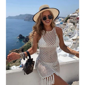 2023 White Crochet Tunic Bikini Cover-ups Sexy Hollow Out Tassel Mini Dress Women Summer Clothes Beach Wear Swim Suit Cover Up 1