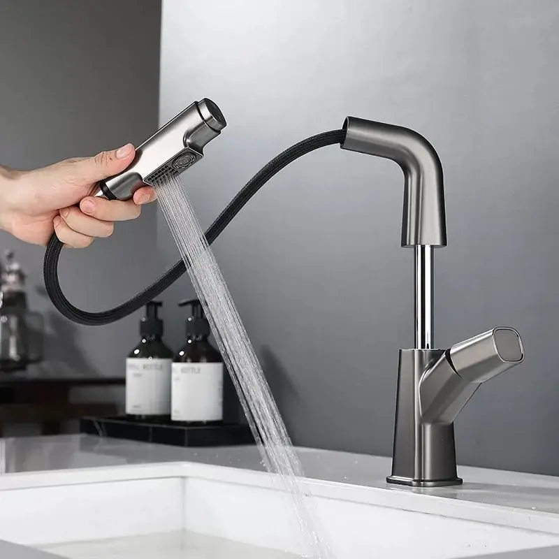 

Luxury Brass Pull Out Bathroom sink Faucet High Quality Hot Cold water Lavabo Tap with 2 mode sprayer Multifunctional Grey