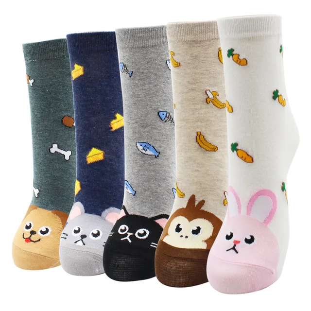 4-5 Pairs Newest Colorful Harajuku Korean Kawaii Cute Women Socks Cartoon Cat Dog Owl Stripe Avocado Girl Cotton Socks 5 pairs-AYT011
