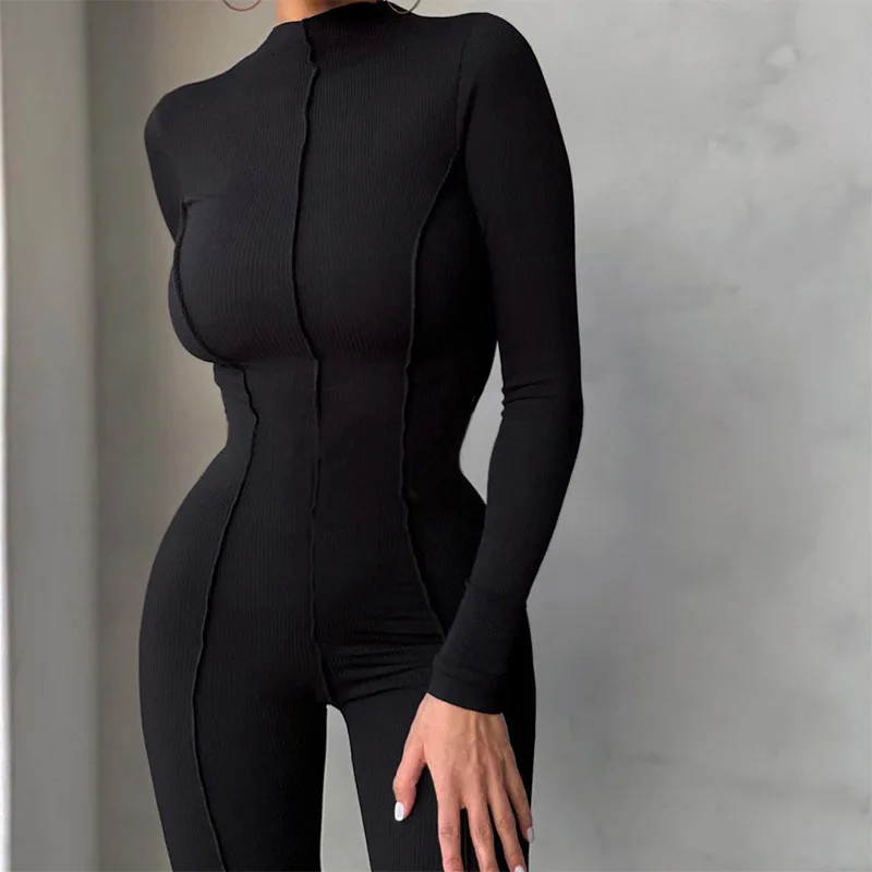 Bright Line Decoration Slim Jumpsuit Women Sexy Tight Solid Color Ladies Jumpsuits Fashion Party Club Style Bodysuits Autumn New women s pants 2023 new hot selling fashion long sleeve cold shoulder tight decoration chain jumpsuit