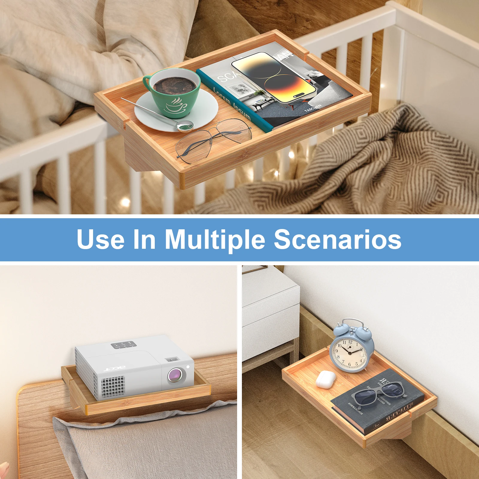 Bamboo Bedside Shelf Organizer Bed Shelf Sofa Tray For College Dormitory Essentials Creative Kids Floating Nightstand Table