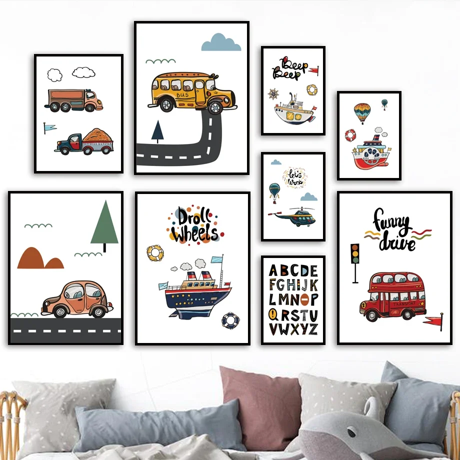 

Cartoon Alphabet Car Bus Boat Nordic Posters And Prints Wall Art Canvas Painting Nursery Wall Pictures Baby Boy Kids Room Decor