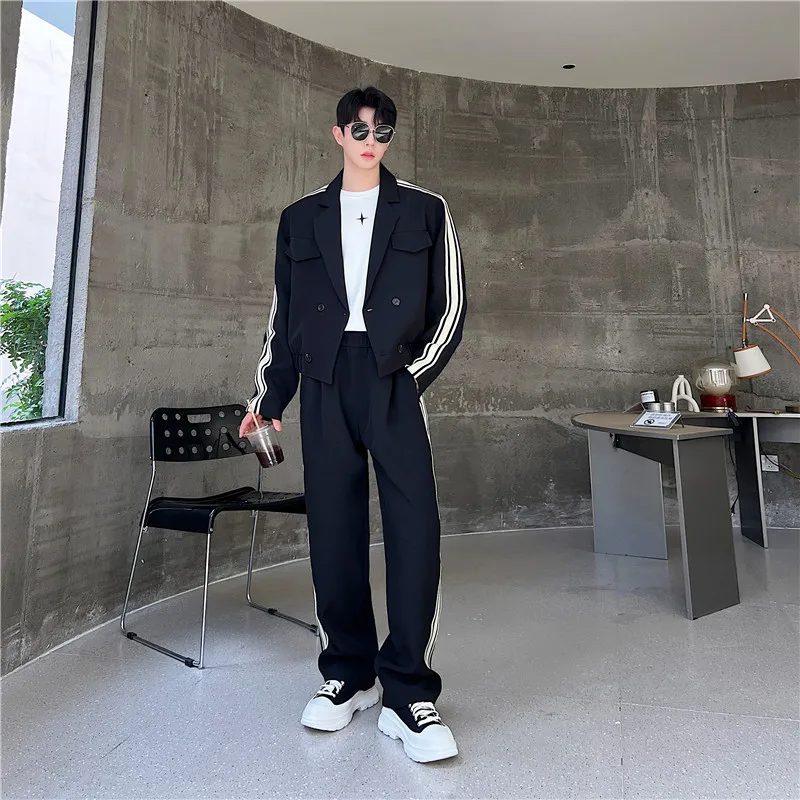 Spring 2024 High-End Men's Sets Long Sleeve Contrast Color Striped Suit Men's Fashion Wide-Leg Trousers Handsome Two-Piece Suit