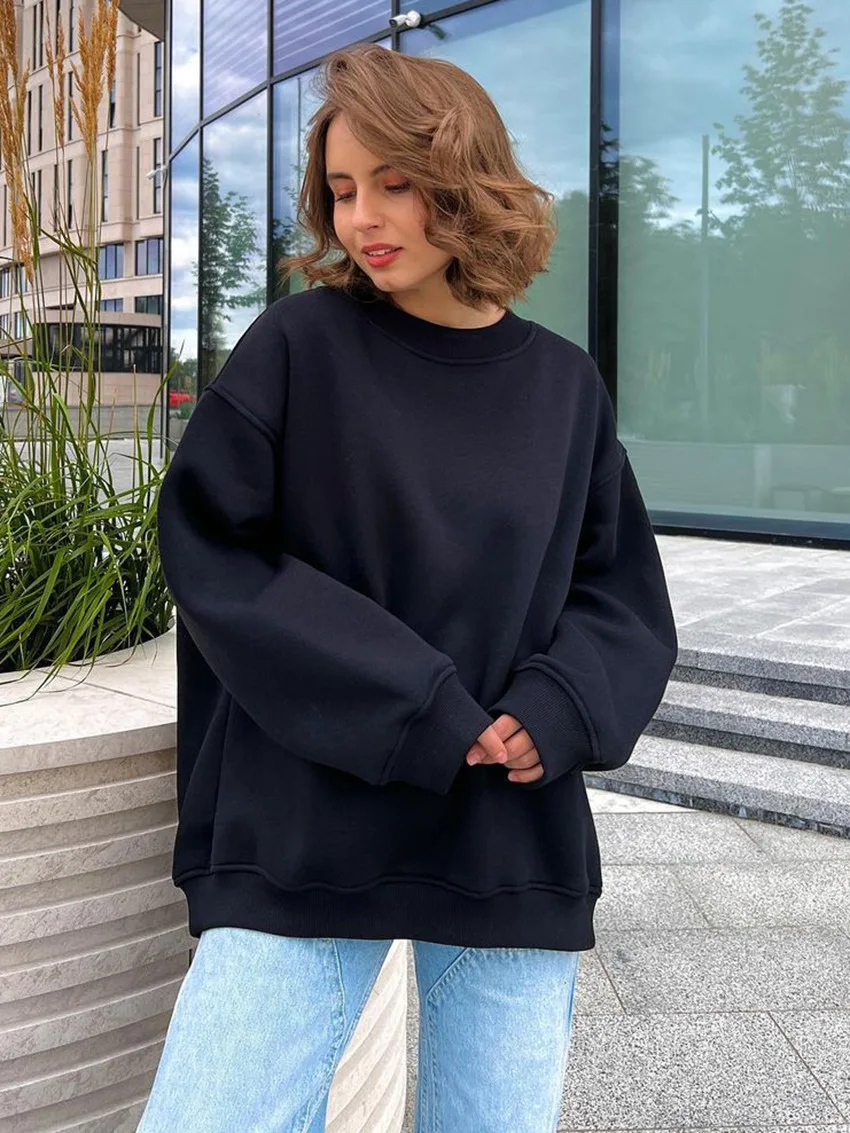 Women Oversized Casual Hoodies Autumn Winter O-Neck Capless Sweatshirts Loose Warm Fleece Pullovers Girls Streetwear Top