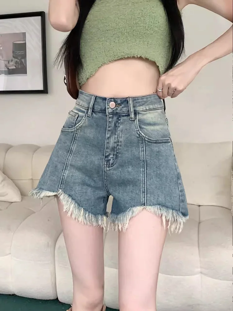 New Women Summer Plus Size Denim Shorts Fashion High Waist A-Line Tassel Shorts Simplicity Casual Hottie Jeans Shorts