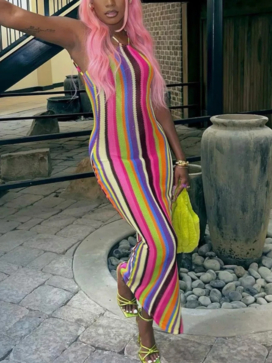 

LW Striped Color Block Dresses Vintage Sexy Handmade Rainbow Vertical Stripe Halter Neck Sleeveless Knit Dress
