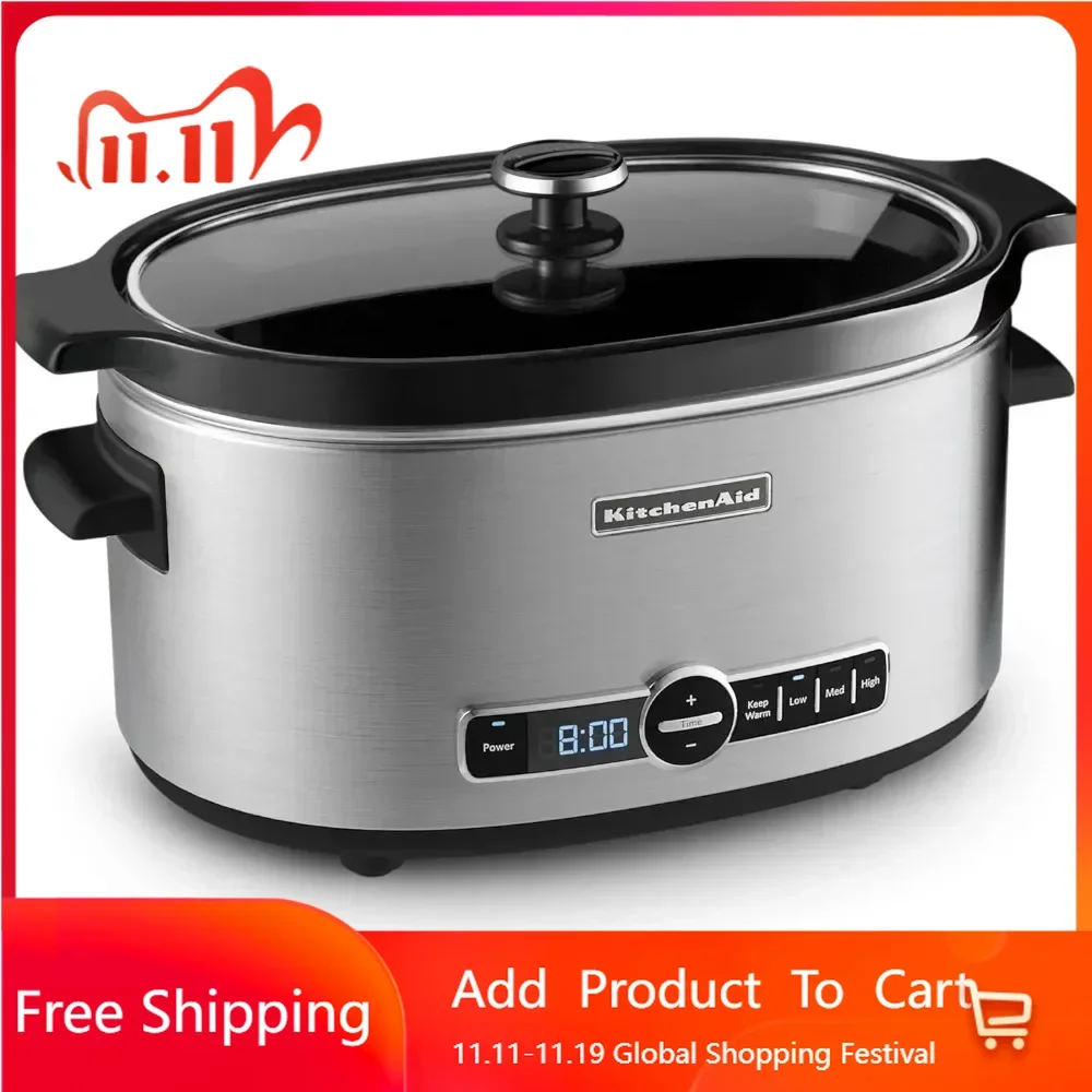 6-Qt. Slow Cooker With Standard Lid-Stainless Steel Multicooker Stew Pot Rice Cooking Appliances Kitchen Home