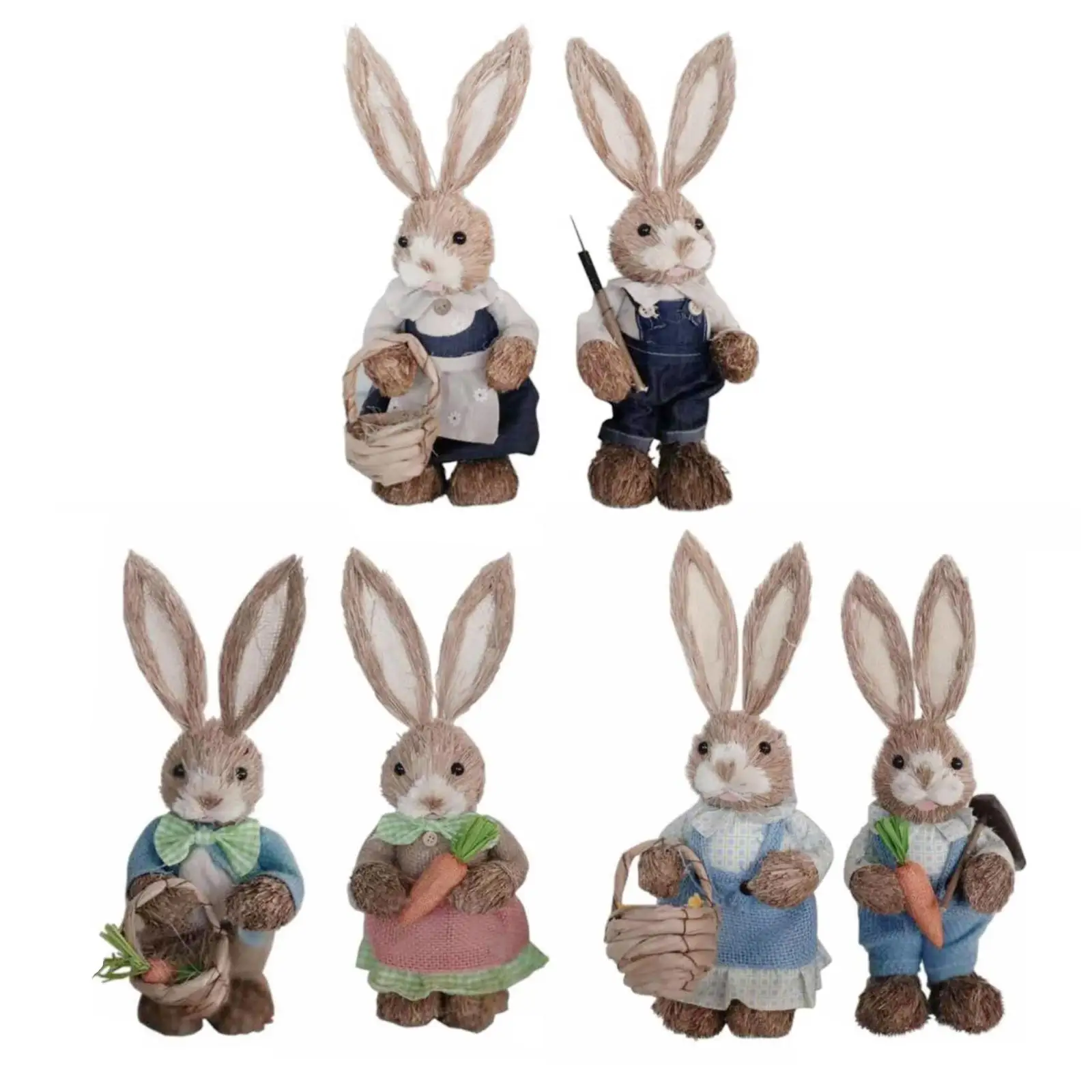 2Pcs Straw Easter Decorations Bunny Statues with Clothes Animal Standing for Floor home and indoor Party Wedding