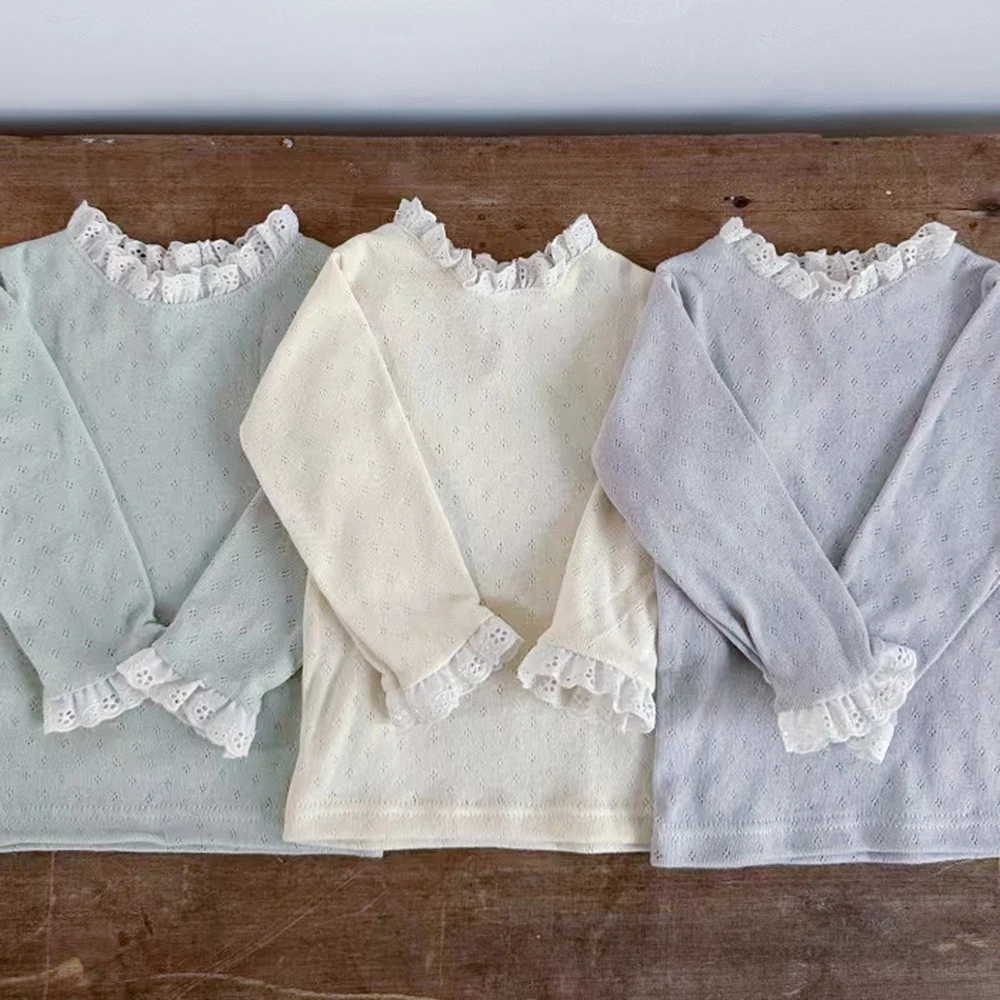 

White Lace Knit Shirt for Baby Girls Cotton Clothes Fall Winter Soft Warm Toddler Newborn Long Sleeve Pullovers Kids Base Tops