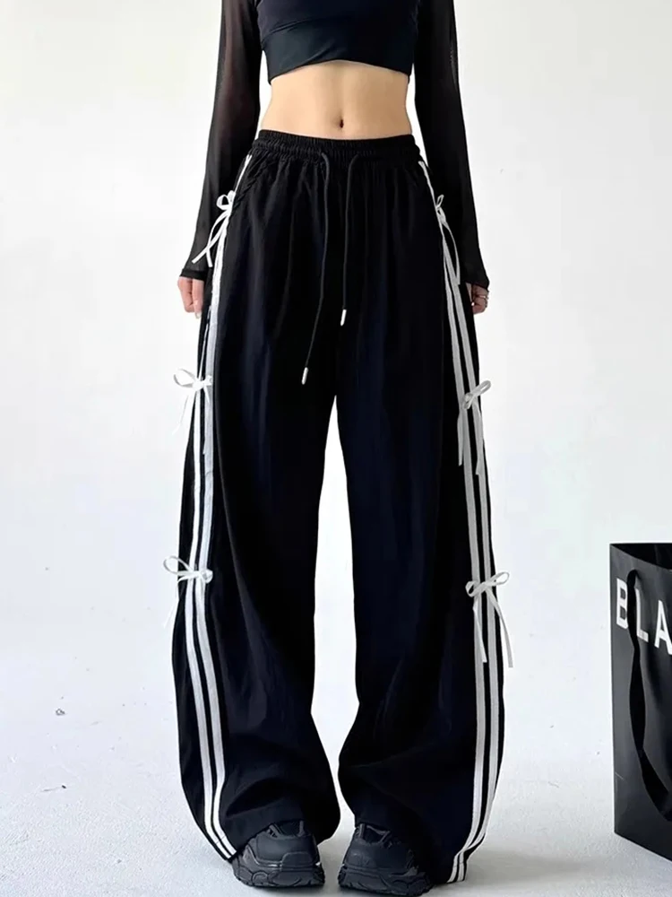 College Harajuku Women's High Waist Sweatpants Trousers  Y2K American Striped Bow Drawstring Flat Straight Tooling Wide-leg Pant