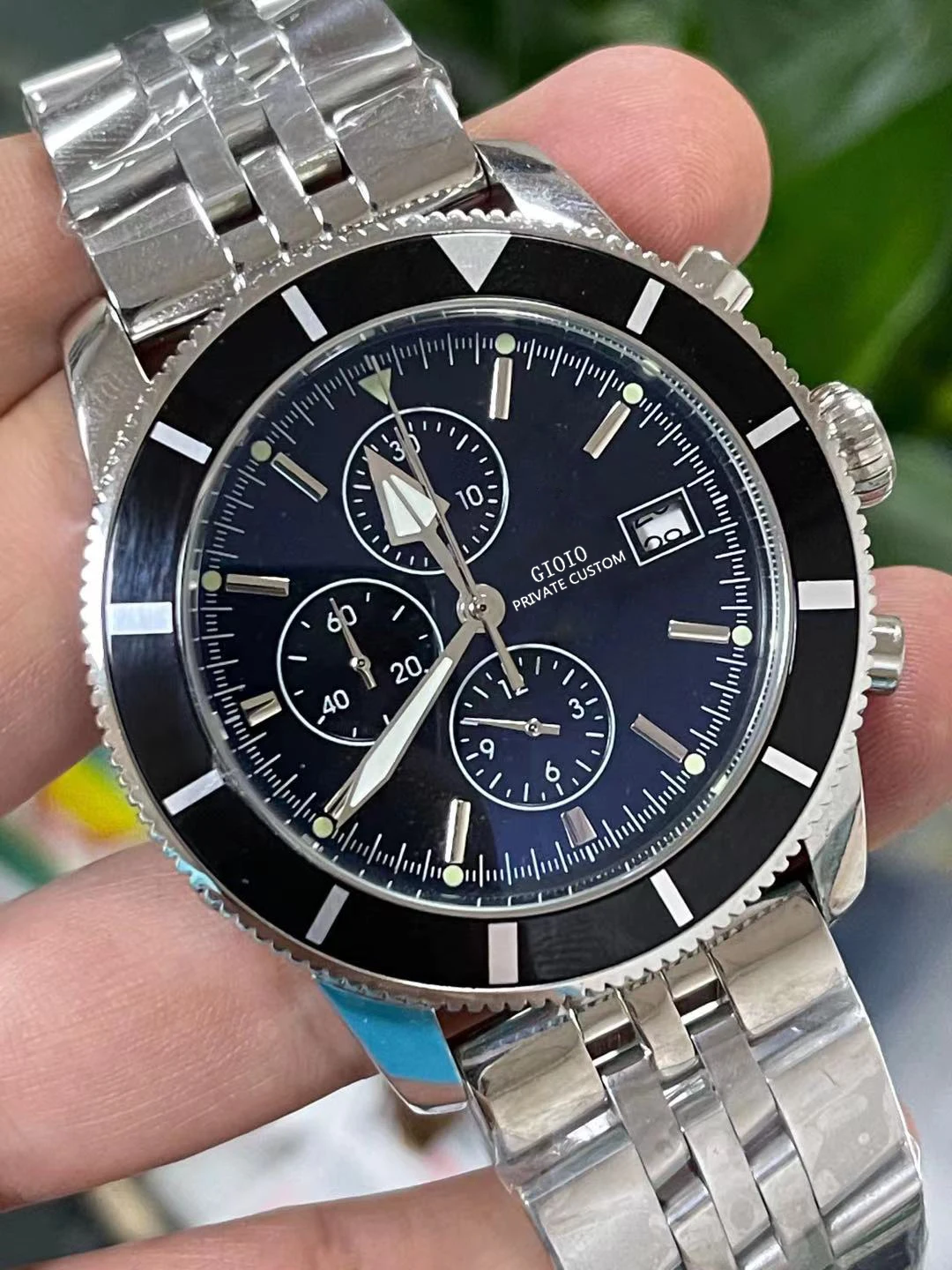 

Luxury Mens Quartz Chronograph Watch Black Blue Leather Stopwatch Stainless Steel Luminous Sapphire White Dial