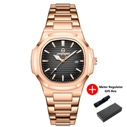 Luxury Square Waterproof Luminous Date Watch for Men - Stainless Steel Quartz with Gift Box (Gold Black)