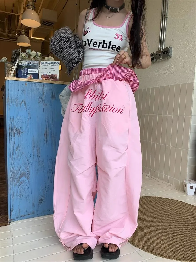 Women Pink Long Pants Baggy Oversize Parachute Pants Harajuku
