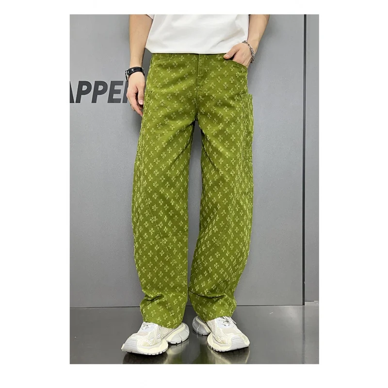 5 Color fashion high-end hip hop jeans men's high streetinsfashion printing street cool loose straight-leg wide-leg pants