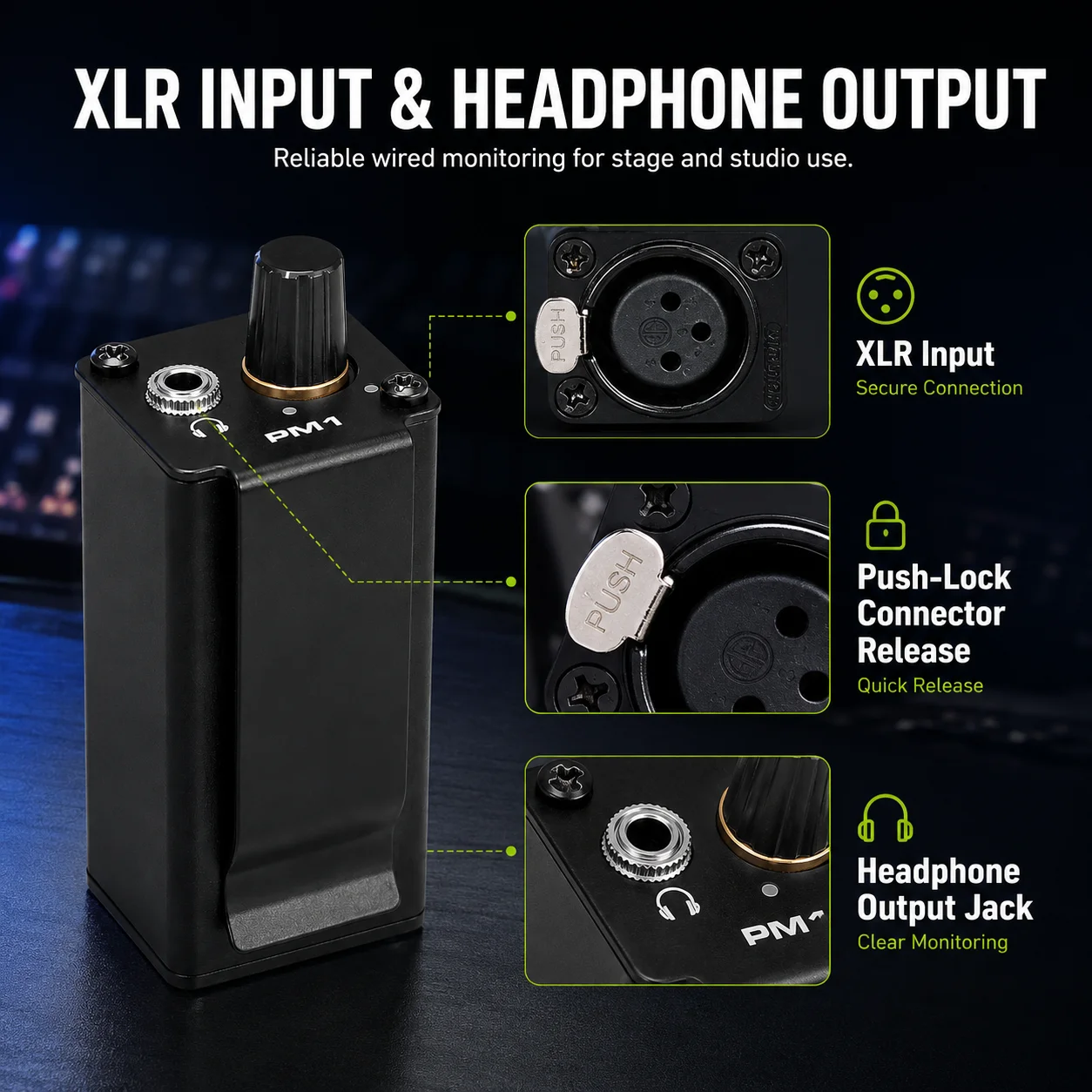 휴대용 PM1 개인 헤드폰 앰프 XLR-3.5MM 미니 인이어 모니터 앰프, 라이브 공연 및 녹음용 볼륨 조절 기능 탑재