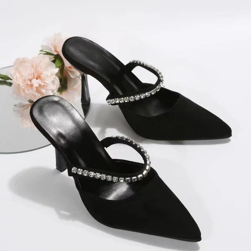 Black high-heeled shoes women's spring stiletto pointed toe pumps satin rhinestone glitter mules pumps women high heels