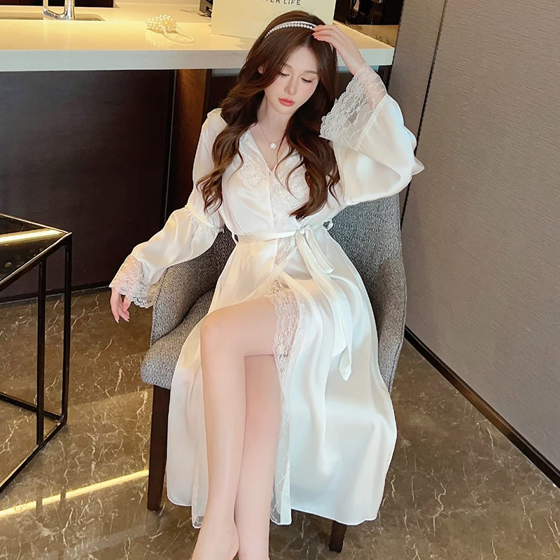 2025 summer long sleeve silk satin hooded kimono robes for women Cute lace bride robe bathrobes sleepwear homewear night dress
