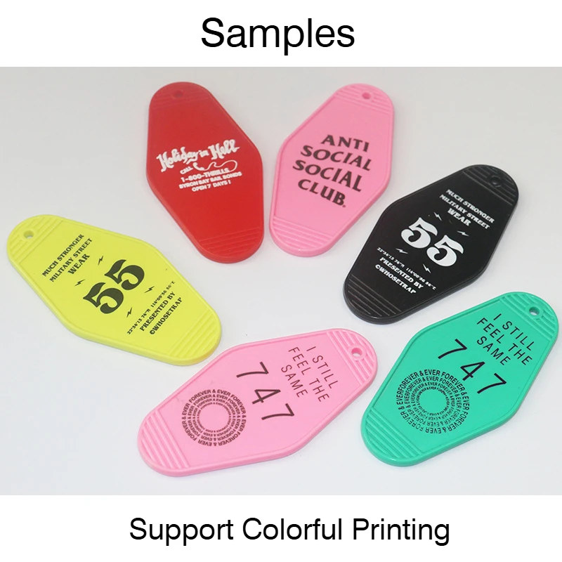 100pcs UV 인쇄 로고 열쇠 고리 태그 DIY 펜던트 열쇠 고리 호텔 모텔 선물용