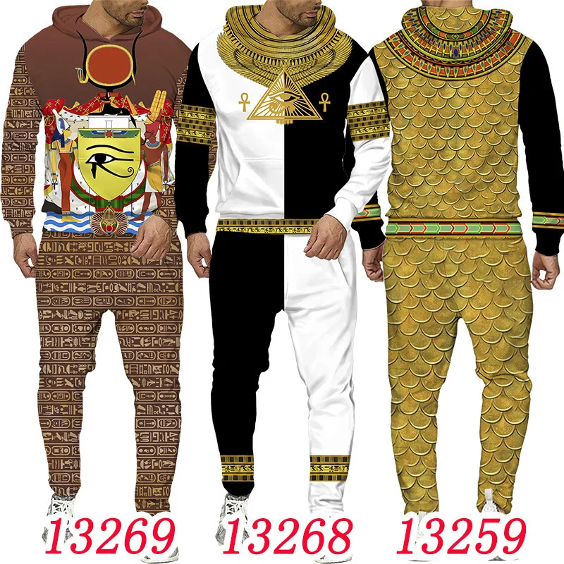 S-6XL Mărime mare 3D Jachetă pentru bărbați cu imprimeu egiptean Hanorac cu pantaloni Set Trening pentru bărbați Iarnă și toamnă Sport Umăr bărbătesc_voghion.com