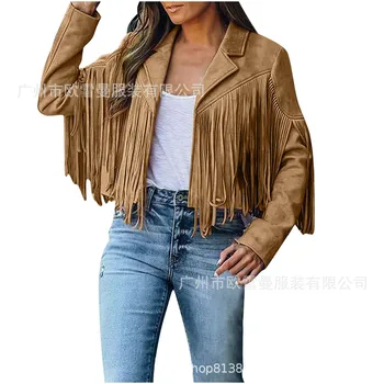 Europe and The United States Autumn New Fashion Solid Color Deerskin Velvet Patchwork Fringe Lapel Slim Cardigan Jacket Women 1