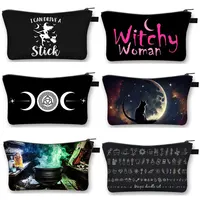 Witchy Woman Cosmetic Case with Moon Star Makeup Bag Magical Hat Furnace Moon Cat Storage Organizer Witchcraft Cosmetic Bags 1