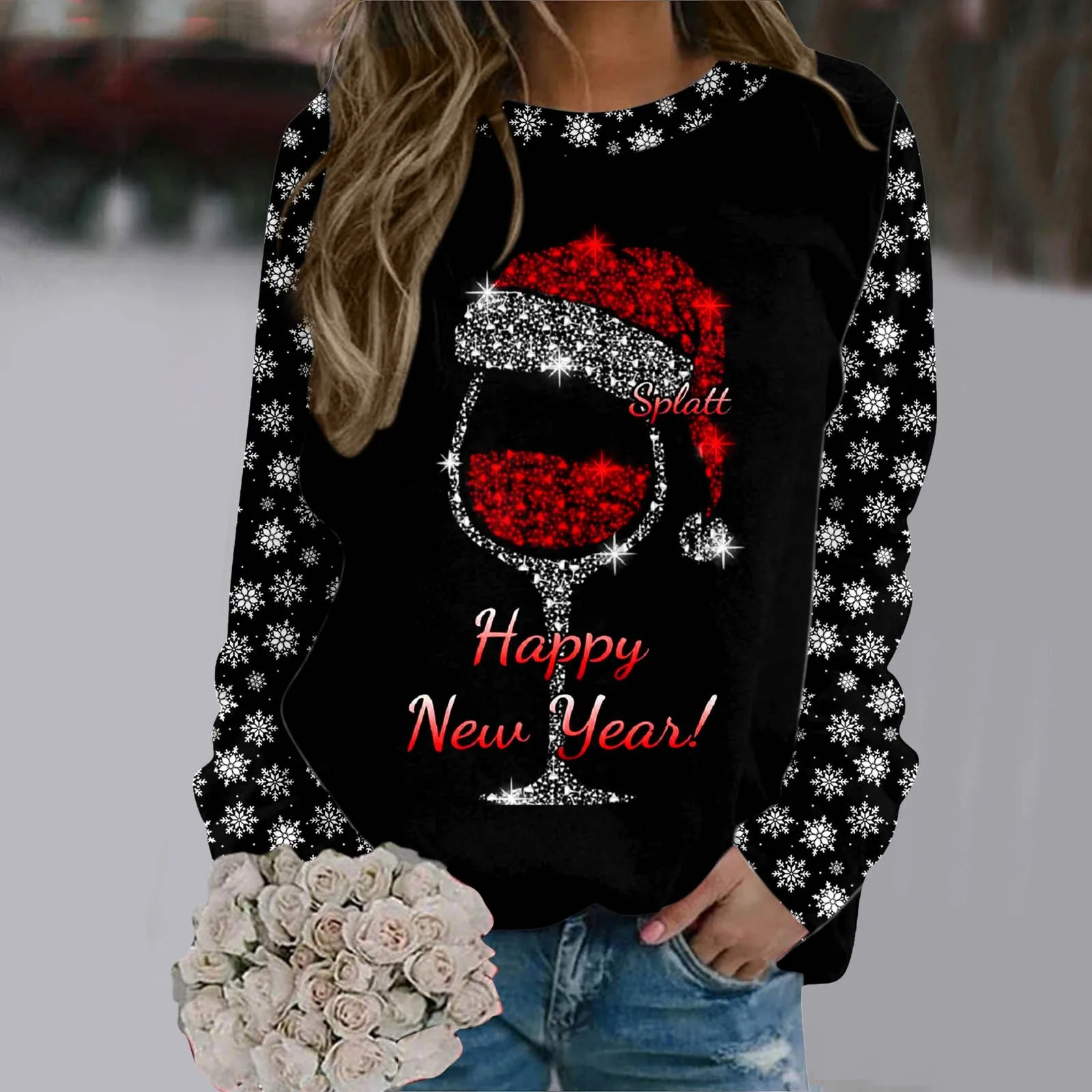 

Wine Glass Christmas Sweatshirts For Women Womens Casual Crewneck Sweatshirts Long Sleeve Tops Female Loose Fitting Pullovers