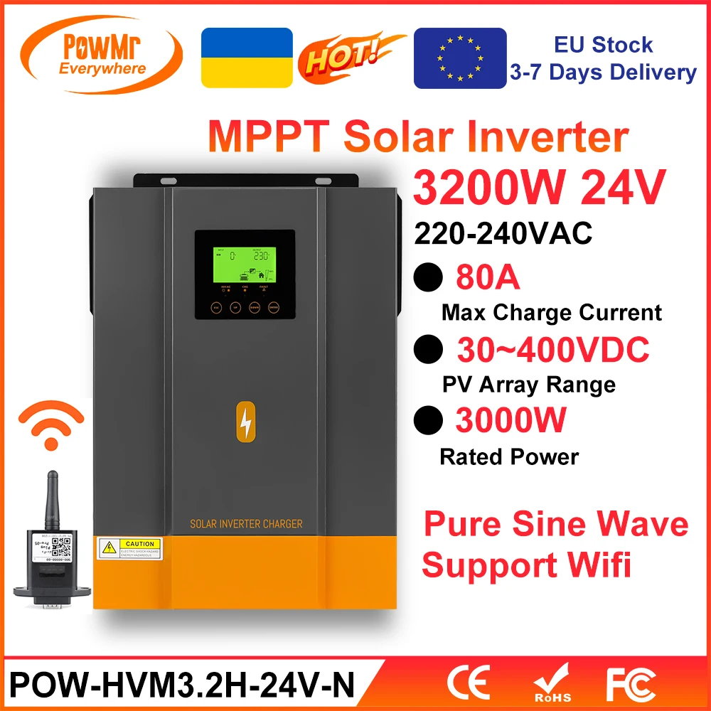 Hybrydowy falownik solarny PowMr 3.2KW 2.0KW 24V 12V Fotowoltaiczny hybrydowy falownik 230VAC Max PV 400V Wbudowana ładowarka słoneczna 80A MPPT