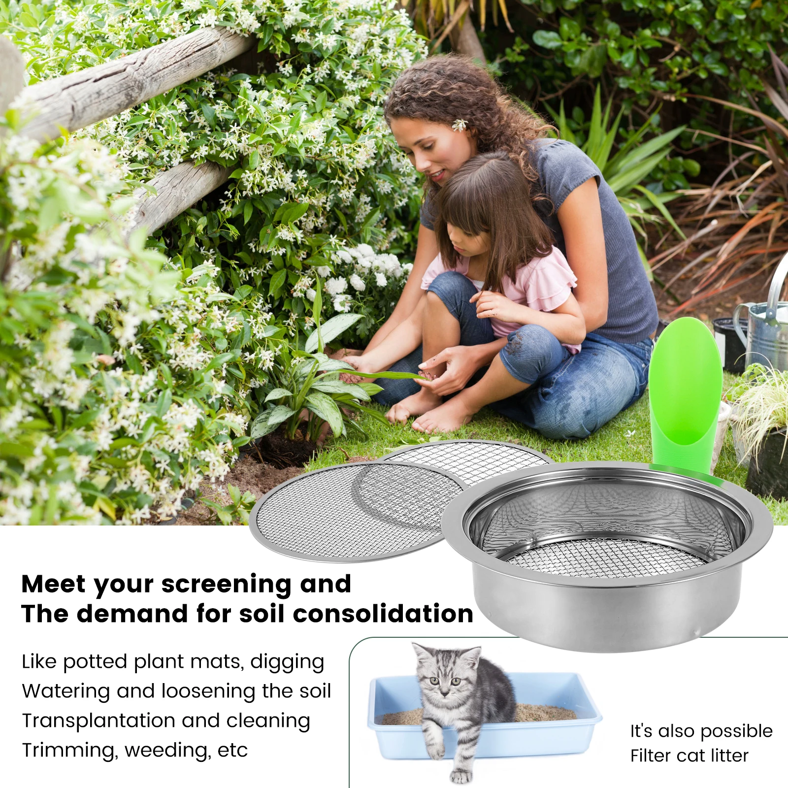 Dirt Sifter Set for Gardening Bonsai Detachable Stainless Steel Soil Sieve Set With Shovel Easy to Clean Interchangeable Meshes 2