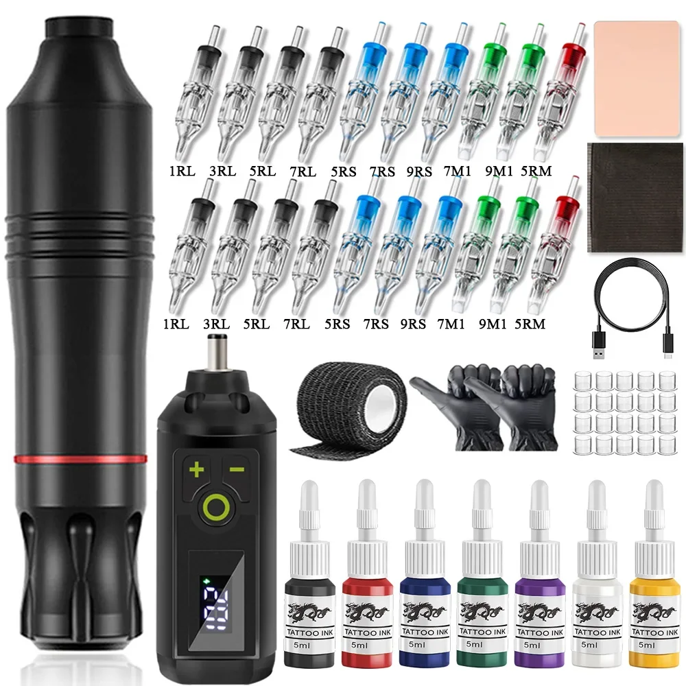 Tattoo Supplies Tattoo Kit Wireless Tattoo Pen Kit Rotary Tattoo Machine Kit with Wirless Power Battery Mixed Cartridge Needles Beginner Set