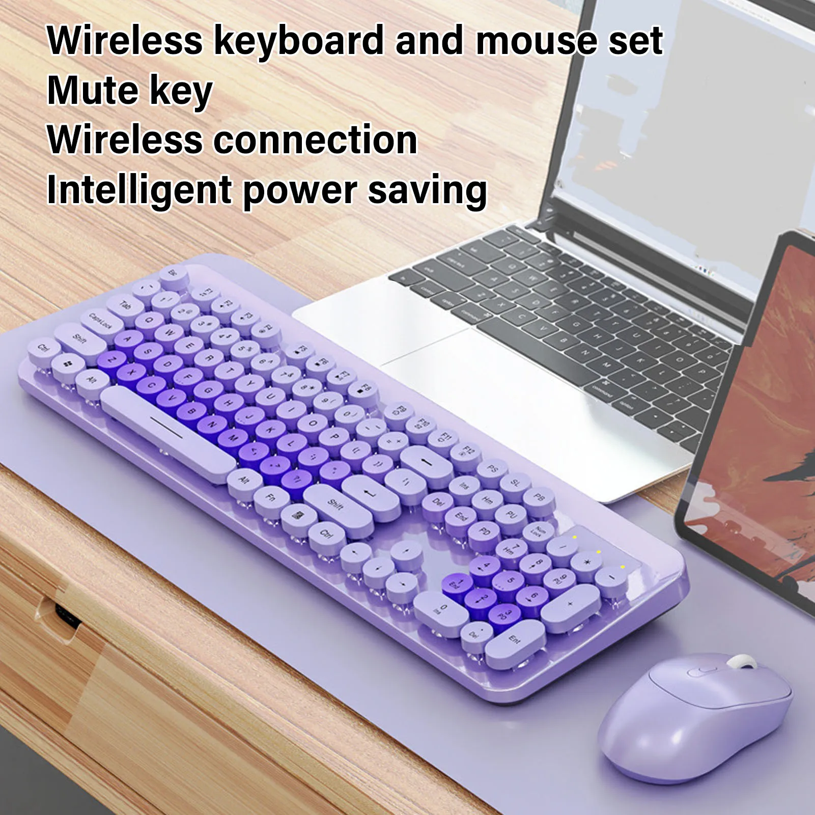 Wireless Keyboard Wireless Cute Keyboard and Mouse 104 Keys Typewriter  Retro Round Keycaps Keyboard for PC Laptop Desktop - 4