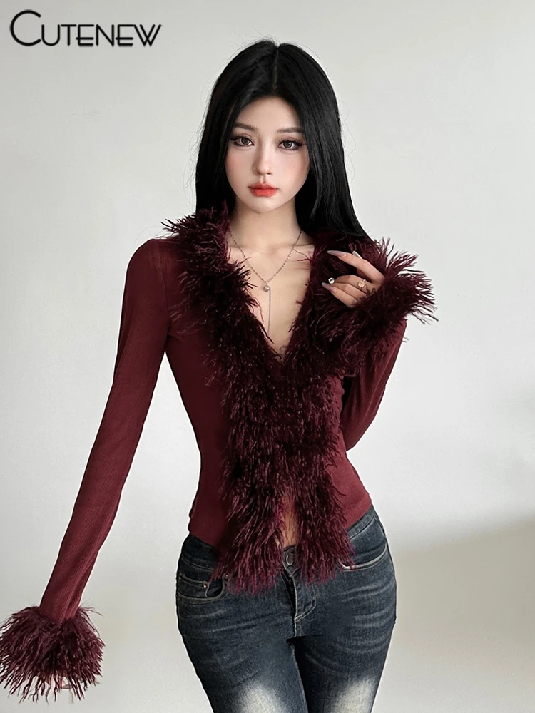 Feather Patchwork Women Tops Autumn Hipster Solid Full Sleeve V-neck Split Ribbed Slim Tee Female All-matched Streetwear