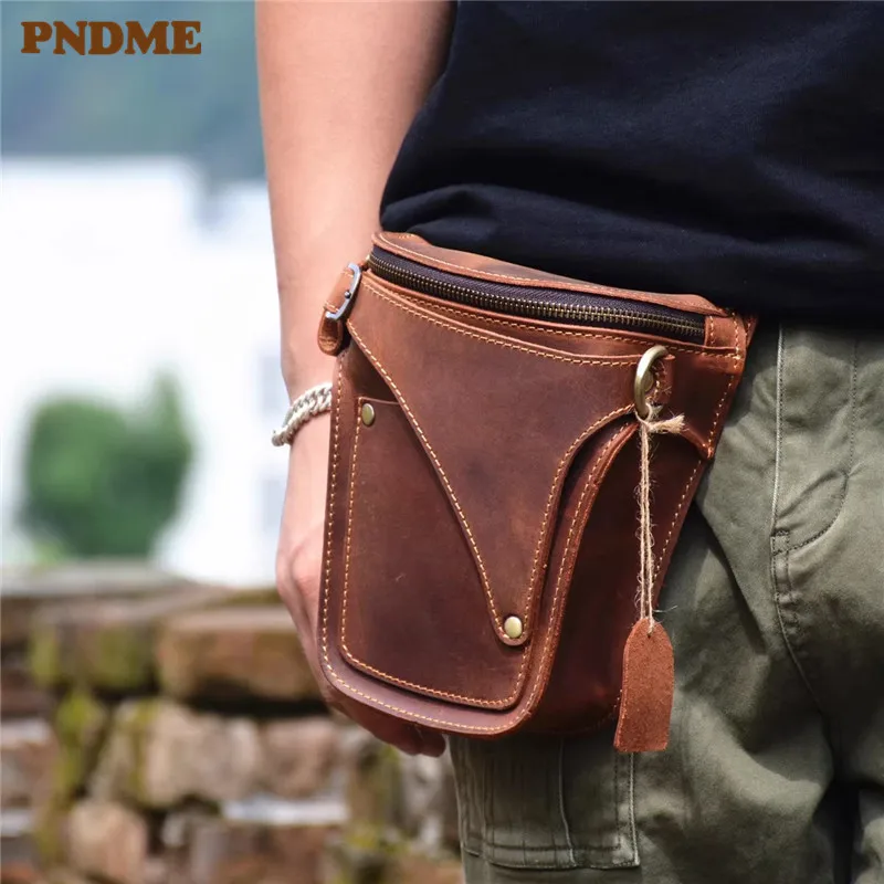 

PNDME fashion casual designer genuine leather men's small waist packs outdoor daily travel crazy horse cowhide phone belt bag