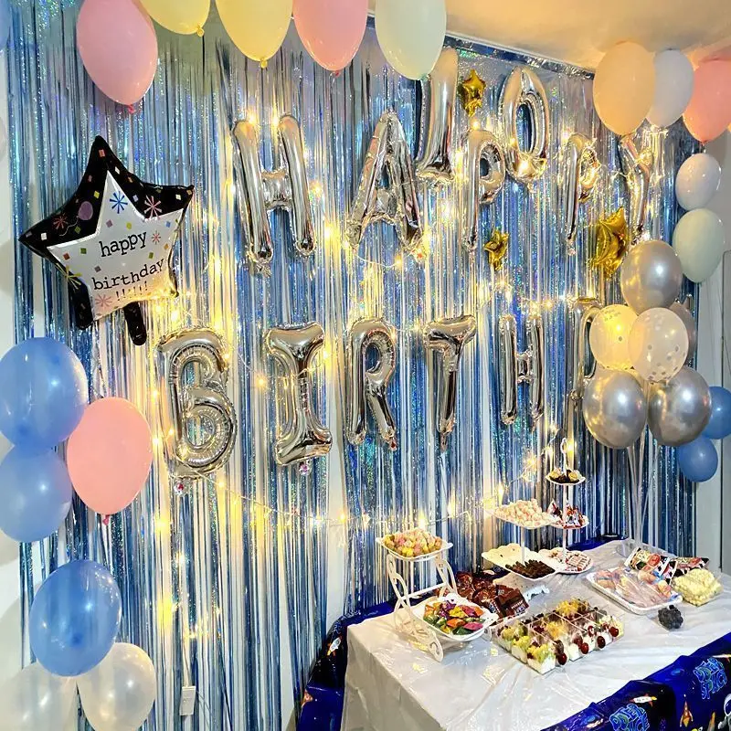 Party Favors 1x4m Blue Metallic Foil Rain Tinsel Fringe Curtain ...