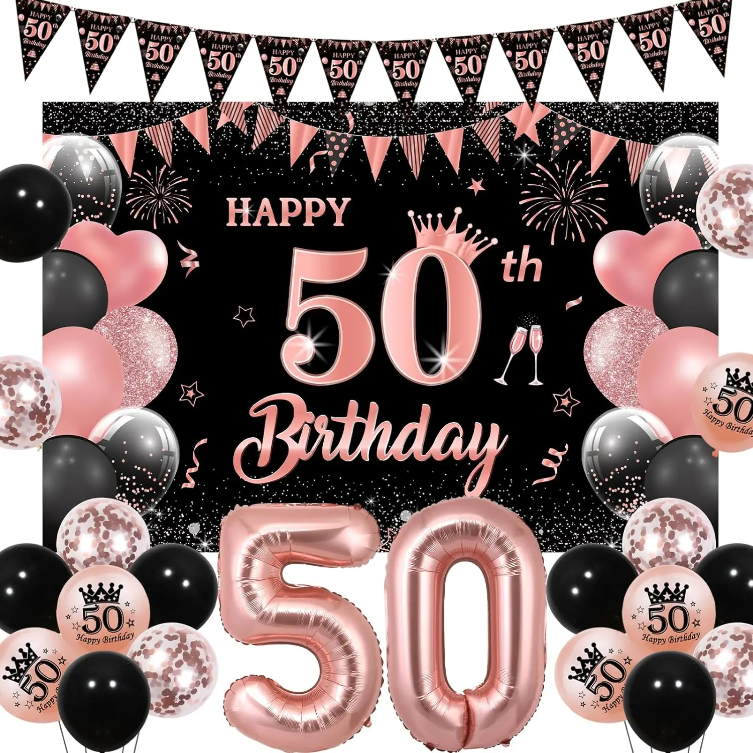 

50th Birthday Party Decor with Happy 50th Birthday Bunting Banner Balloons Backdrop Number 50 Balloons Fifty Birthday Supplies