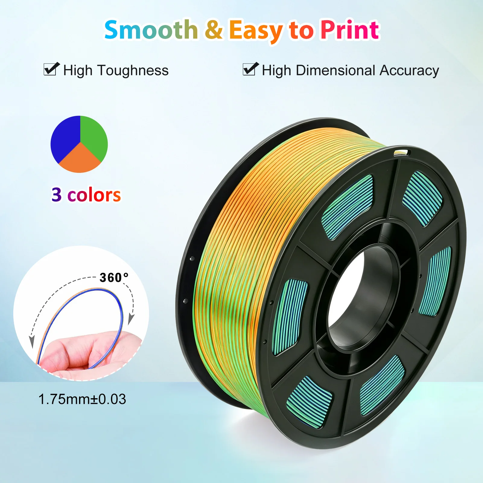 실크 삼색 PLA 3D 프린터 필라멘트, 1.75mm 멀티컬러 3D 프린팅 필라멘트, 블루 그린 오렌지 필라멘트, 250g (0.55lbs)