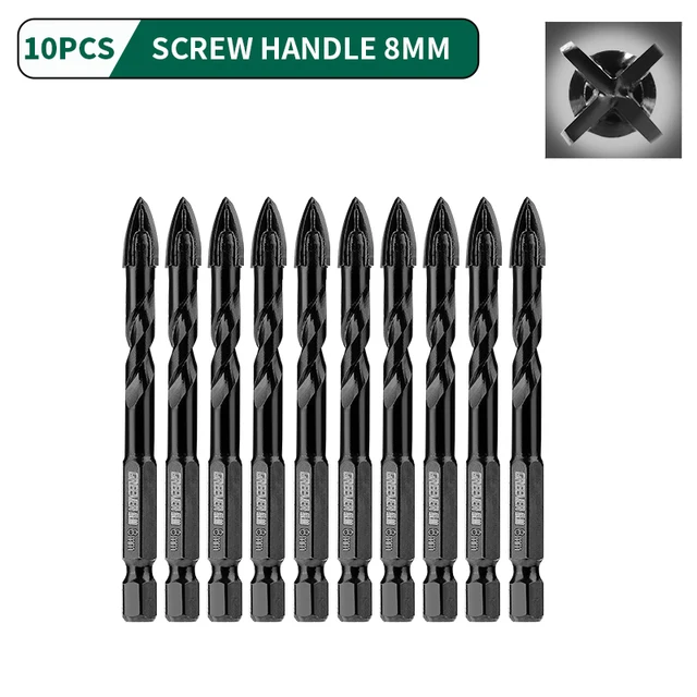GREENER 3-12mm Four-blade Concrete Impact Glass Drill Cross Hex Tile Drilling Bit Special For Hexagonal Shank Hard Alloy Tri 8mm 10pcs