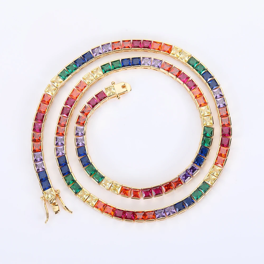 Custom Rainbow Colorful Rectangle CZ Diamond Tennis Chain Iced Out Bling Cubic Zircon Choker Jewelry Gold Color Plated for Women 14k gold plated hang zircon chain hanging flash diamond chain diy handmade bracelet necklace o word loose chain