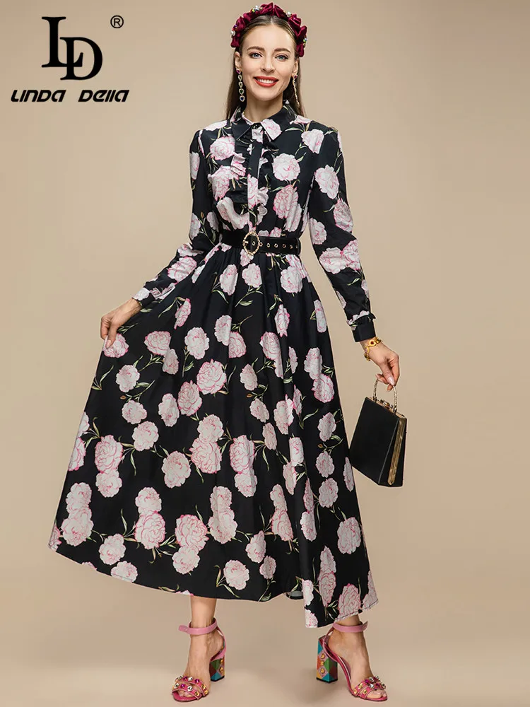 

LD LINDA DELLA New 2023 Spring Fashion Runway Midi Dress Women Long sleeve Floral Printing Party Vintage Balck Dress