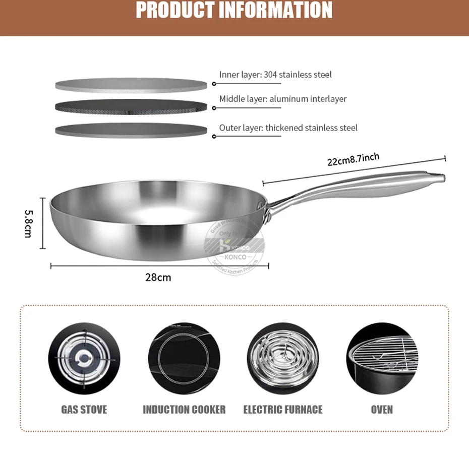 Description Picture 4 of item304 Stainless Steel Frying Pan Un-coated Flat Pan Household Pot for Gas and Induction Cooker Flat Pan No Rust Wok 22/26/28cm