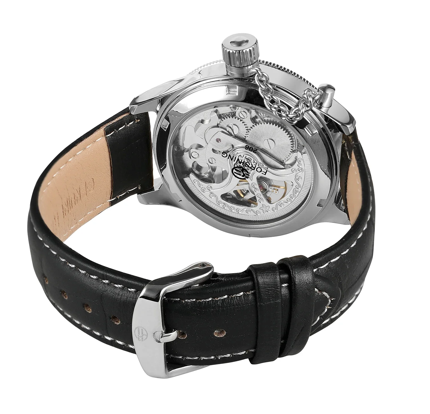 FOESINING Modische, lässige Herrenuhr, silbernes, rundes Gehäuse und Zifferblatt, schwarzes Lederarmband, automatische, mechanische Uhr, Urlaubsgeschenk_voghion.com