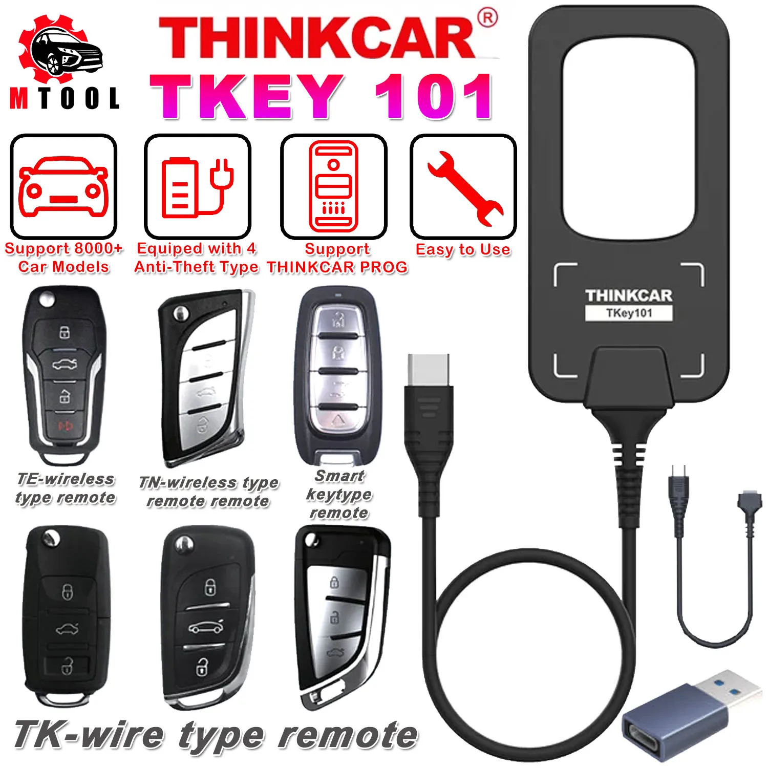 

THINKCAR TKEY 101 - Universal Car Key Programmer Equipment with 6 Unit Remote Keys Supports Anti-Theft Systems