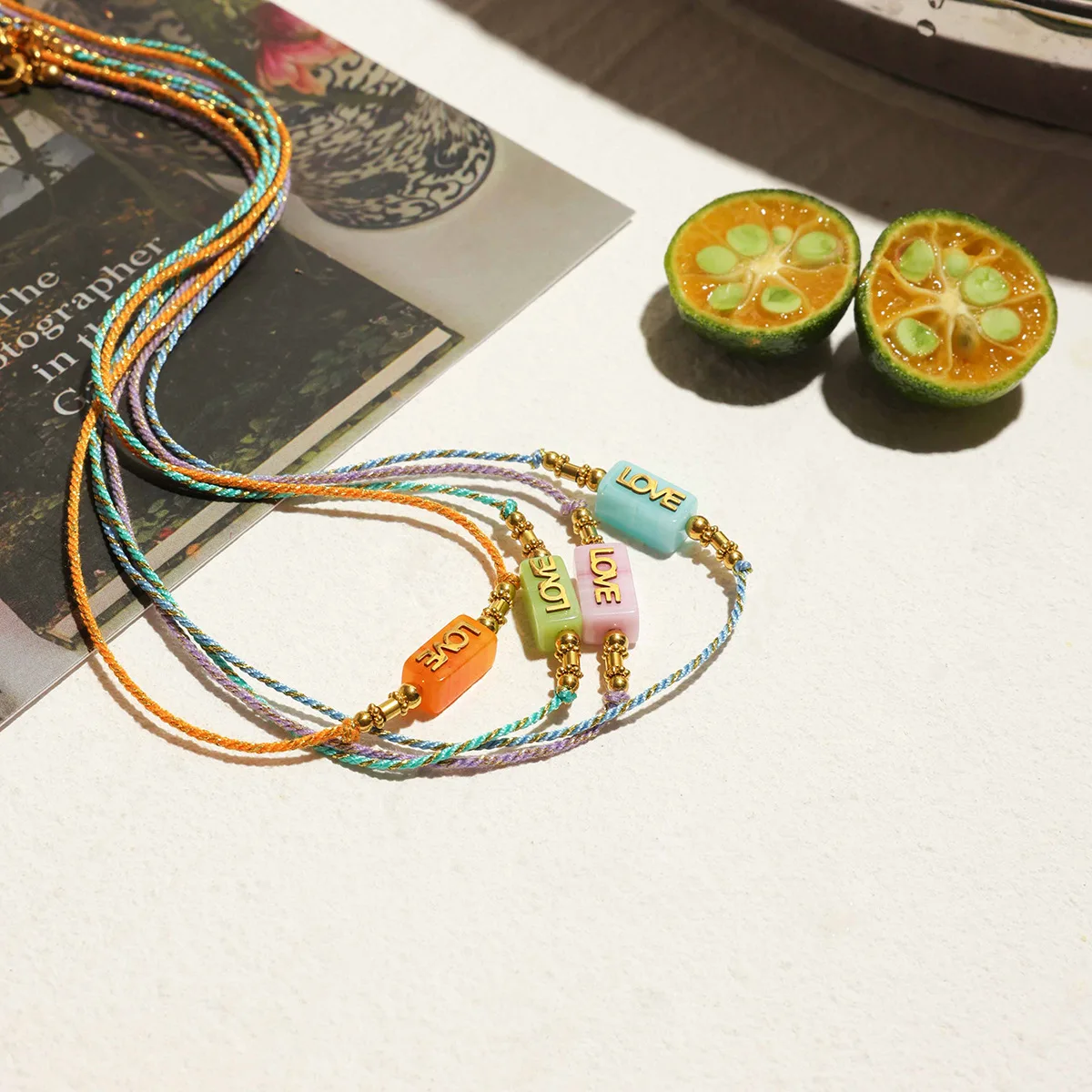 Colorful Rope Chain Clavicle Necklace Lettering 'LOVE' Square Natural Stone One Piece Choker Femal Delicate Summer Daily Jewelry