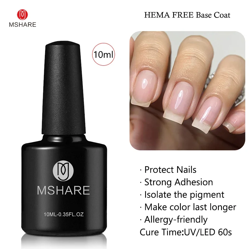 Mshare Hema Free Top Coat Base Gel Polish Nail Product Uv Led No Wipe Shine Dimond Matte Semi Permanant Soak Off 10ML