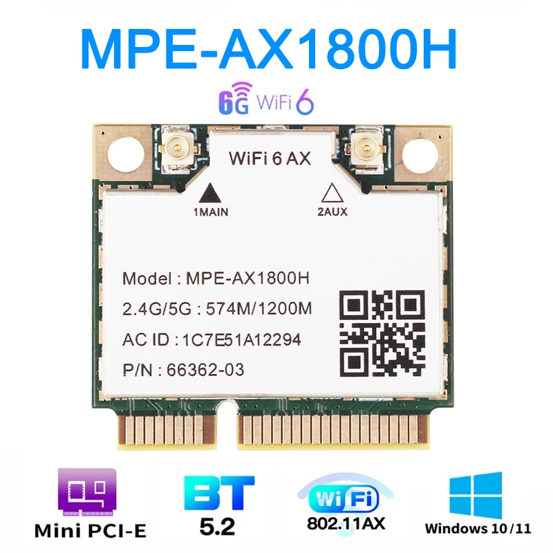 WiFi 6 1800Mbps 어댑터 MPE-AX1800H 미니 PCI-E 2.4GHz / 5GHz 블루투스 5.2 노트북용 Windows 10/11
