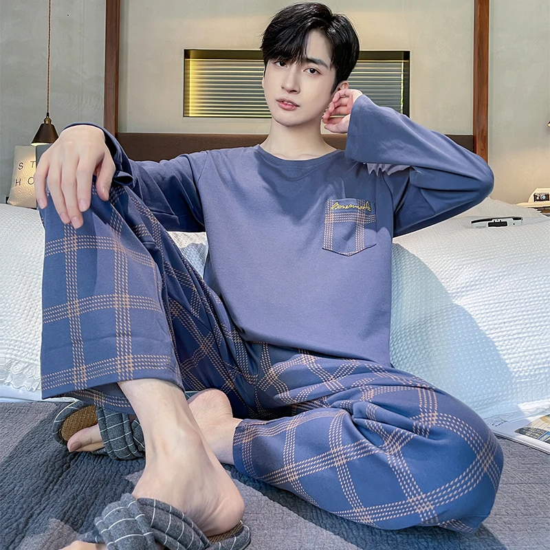 Autumn Men's Pure Full Cotton Pajamas Plaid Sleepwear Big Yards L-4XL Pajama Sets Casual Sleep&Lounge Pyjamas Pijamas Hombre