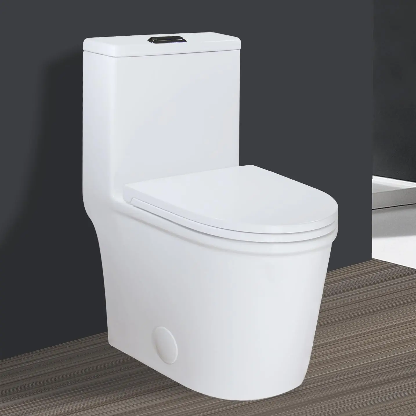Small One Piece Toilet 23" Depth Modern Compact Short Design with Matte Black Button for Small Tiny Mini Bathroom 12" Rough-in 2