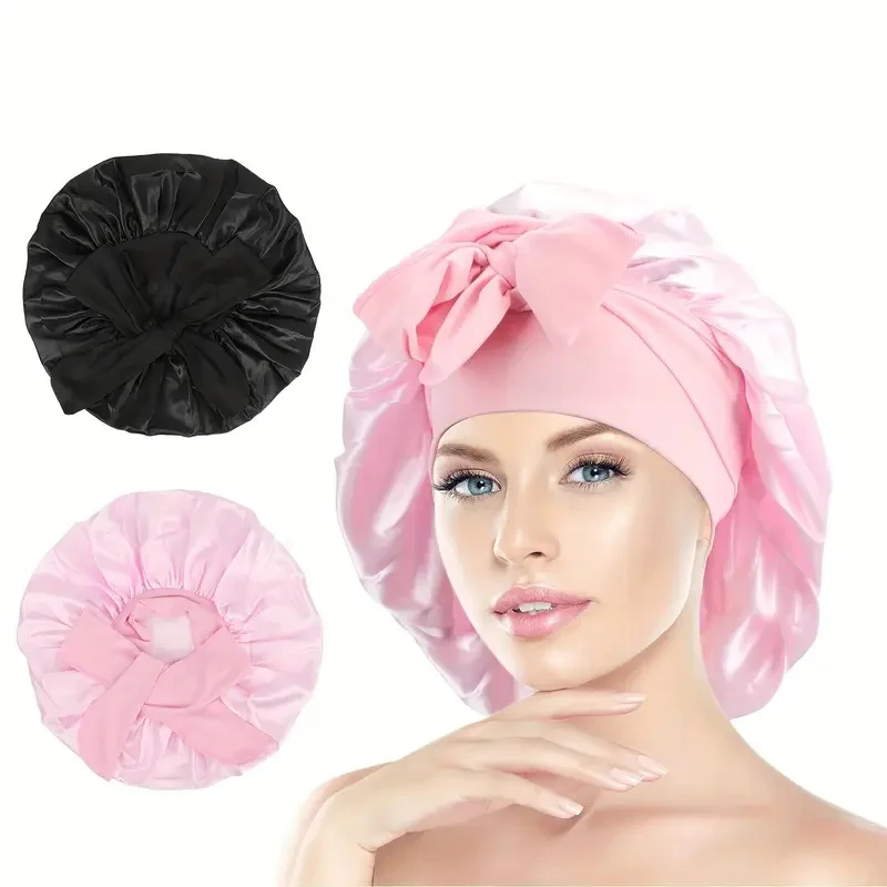 1-teiliges Satin-Haarkappen- und Scrunchie-Set mit verstellbarer Schlafkappe/elastischer Badekappe mit breitem Band für Frauen und alle lockigen Haaren – Detail 3