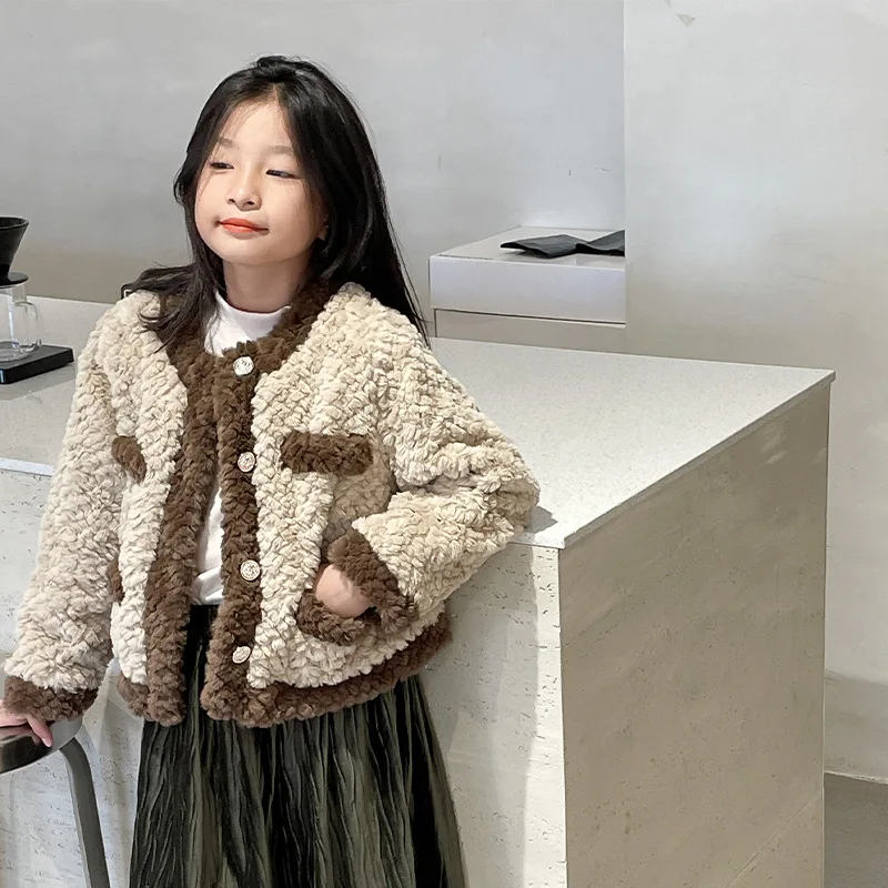 

Girls Coat Girl Fur Coat 2023 Autumn and Winter New Korean Style Children Lamb Wool Clip Cotton Plush Top Girl Winter Coats