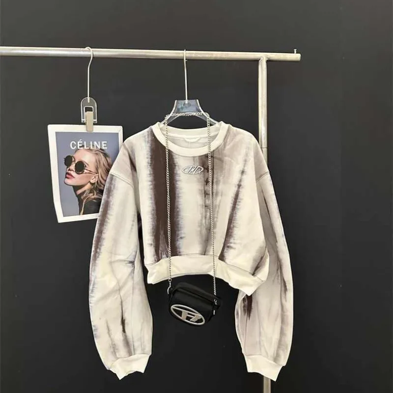 

New Style Autumn and Winter Women's Tie Dye O-Neck Long Sleeve Loose Short Pullovers Epaulet Retro Fashion Casual Tops